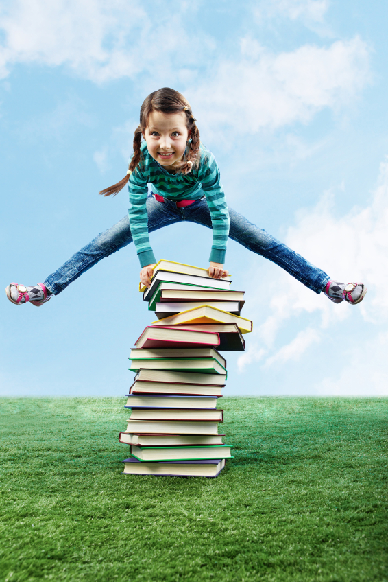 girl jumping over books