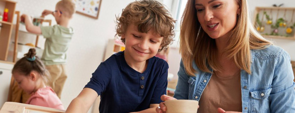 Mom and son working on a project together